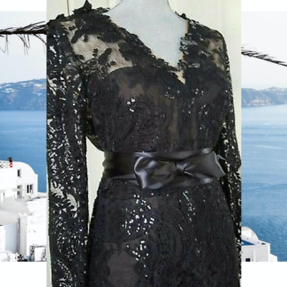 *$1,500.00 MARCHESA NOTTE EXCLUSIVE BLACK LACE BEAD RUNWAY GOWN SIZE US S - Picture 10 of 14